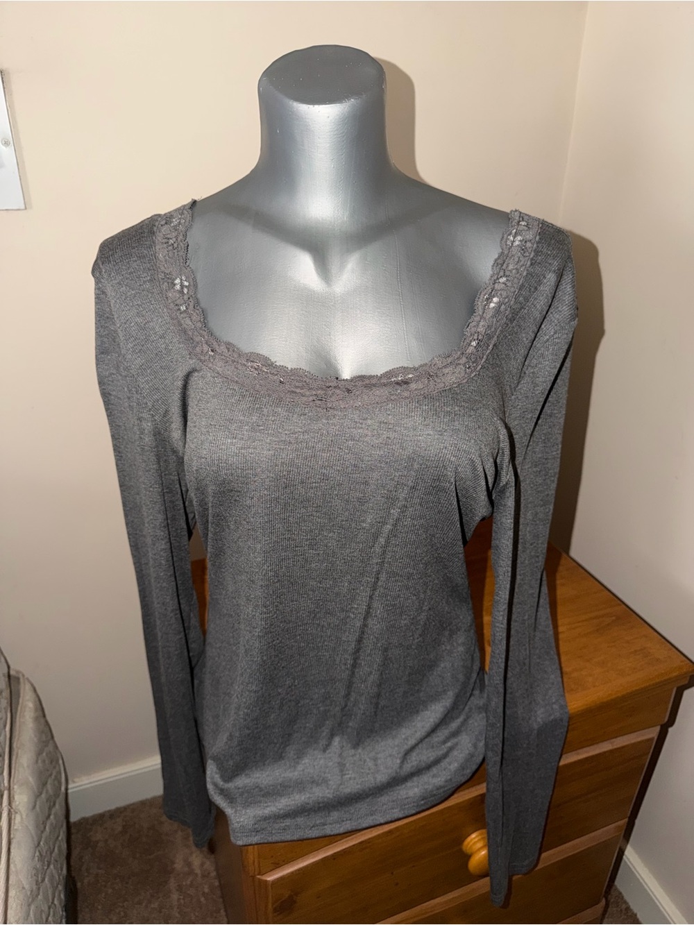 SHEIN Gray Long-Sleeve Scoop Neck Lace Trim Top XXL